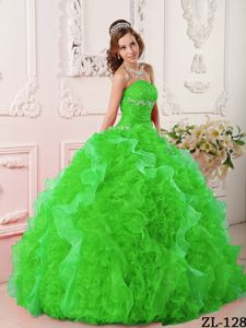 2015 Free Shipping Beaded Ruffled Spring Green Sweet 16 Dress
