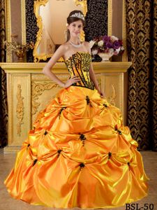 Perfect Ball Gown Strapless Orange and Black Quinceanera Gown