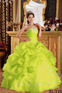 2012 Pick-ups Embroidery Yellow Green Quinceanera Party Dress
