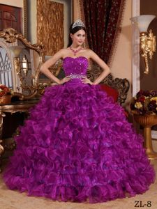 Elegant Beaded Fuchsia Quinceanera Party Dress with Ruffles