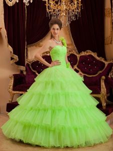 Multi-tiered Ruffles One Shoulder Dress for Quince in Yellow Green