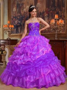Inexpensive Purple Appliques Quinceanera Gown with Ruffled Layers
