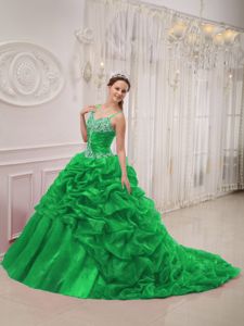 Spring Green Pick-ups Straps Taffeta Quince Dress with Brush Train