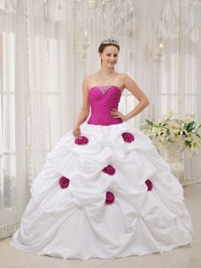 Fuchsia and White Ruche Sweet 16 Dresses with Hand Made Flowers