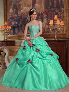 Apple Green Beaded Quinceanera Gowns with Hand Made Flowers