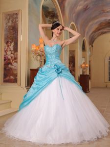 Taffeta and Tulle Beading Sweetheart Quince Dress in Blue and White