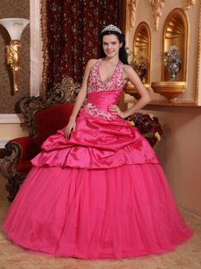 Halter Top Appliques Hot Pink Dress for Quince in Taffeta and Tulle
