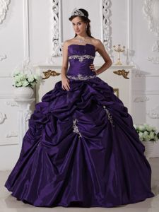Eggplant Purple Strapless Appliques Sweet 15 Dress with Pick-ups