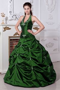 Dark Green Halter Top Beaded Embroidery Sweet 15 Dress in Vogue