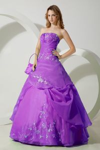 Purple Strapless Ruche Organza Dress for Quince with Embroidery