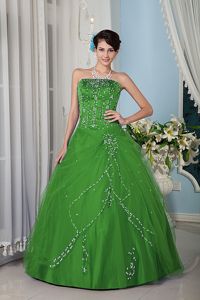 Stunning Beading Strapless Tulle Dresses for Quinceaneras in Green