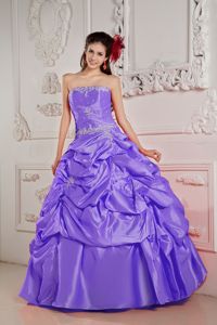 Strapless Pick-ups Appliques Quince Dresses with Beading in Lilac