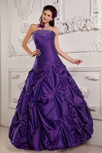 Latest Beaded Strapless Eggplant Quinceanera Dress with Pick-ups