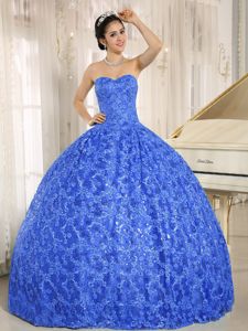 Shimmery Special Embossed Fabric Blue Quinceanera Gowns