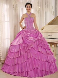 Discount Beaded Tiered Hot Pink Halter Quinceanera Party Dress