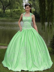 Appliqued Spring Green Halter Quinceanera Dresses about 200