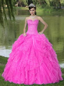 Beaded Ruffled Hot Pink Dresses for Sweet 16 with Corset Back