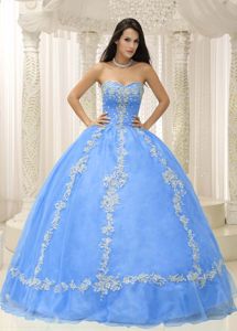 Pretty Baby Blue Appliqued Beaded Quinceanera Gown Dresses