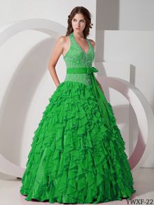 Ruffled Halter Top Sweet 15 Dresses with Sash and Embroidery