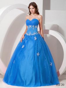 Beaded Appliqued Aqua Blue Quinceanera Party Dress for Rent