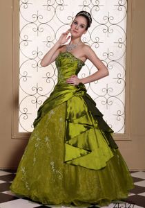 Pretty Taffeta Organza Embroidery Olive Green Quinces Dress