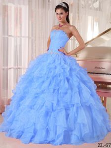 Organza Ball Gown Beaded Ruffled Blue Dress for Quinceanera
