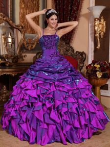 Ruffled Appliqued Eggplant Purple Dress for a Quince with Straps