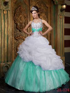 A-line Beaded Halter White and Apple Green Quinces Dresses