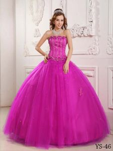 Corset Back Strapless Tulle Appliqued Fuchsia Quinceanera Gown