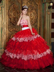 Keren Anns Red Strapless Multi-tiered Zebra Decorate Quince Dresses with Sash