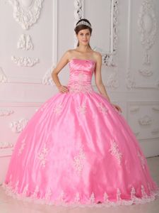 Cute Pink Strapless Appliqued Ball Gown Lace Hem Quince Dresses