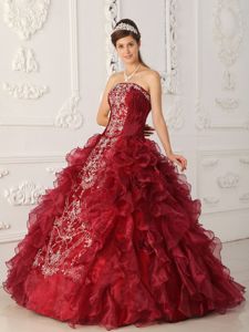 Perfect Wine Red Strapless Embroidery Quince Dresses with Ruffles