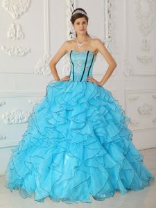 Popular Baby Blue Strapless Appliques and Ruffles Quinceanera Gown