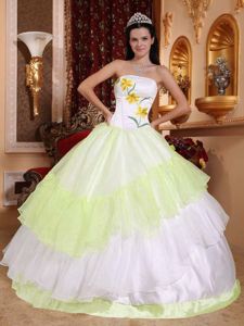 Embroidery Tiered Yellow Green and White Strapless Quince Dresses