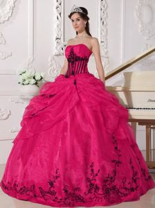 Hot Pink and Black Strapless Pick-ups Embroidery Sweet 16 Dresses