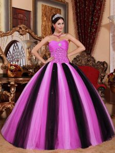 Beading Strapless Hot Pink and Black Pleats Quinceanera Gowns