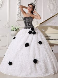 White and Black Sequins and Hand Made Flowers Quince Dresses