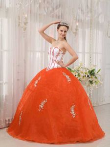 White and Orange Appliques Taffeta and Organza Quinces Dresses