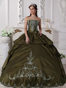 Olive Green Embroidery Pick-ups Ball Gown Strapless Quinces Dress