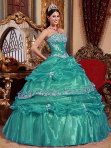 Turquoise Strapless Appliques Pick-ups Pleated Quinceanera Gown