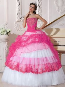 Hot Pink and White Organza and Taffeta Appliques Dress for Quince