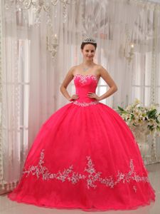 Popular Coral Red Strapless Ruched Sweet 15 Dresses with Appliques