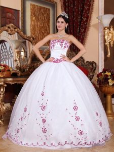 White Ball Gown Strapless Dress for Quince with Red Embroidery