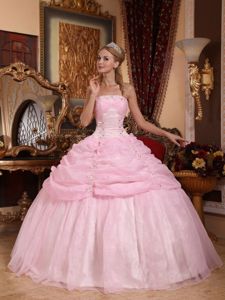 Strapless Baby Pink Appliques Sweet 15 Dresses with Pick-ups