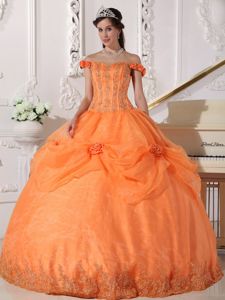 Orange off the Shoulder Pick-ups 3D Flowers Quinceanera Gowns