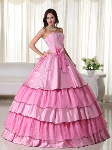 Rose Pink Layered Embroidery Hand Made Flower Sweet 15 Dresses