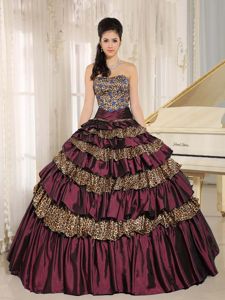 Burgundy Strapless Multi-tiered Ruffled Dresses for 15 with Leopard