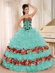 Colorful Lace Decorate Ruffles Strapless Sweet 15 Dresses Leopard
