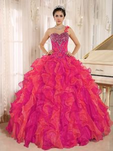 Best Coral Red One Shoulder Ruffled Beaded Dress for a Quince