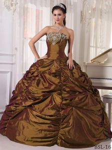Brown Strapless Taffeta Dress for Quinceanera with Pick-ups